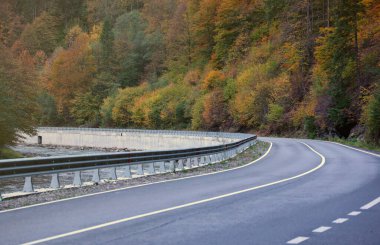 Sonbahar ormanlarında gün batımında Ukrayna 'daki Karpat dağlarında. Turuncu kadın ve yüksek kayalıkları olan güzel bir dağ yolu. Sonbaharda ormanda içi boş otoyol manzarası. Ulaşım