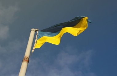 Mavi gökyüzünde dalgalanan Ukrayna bayrağı. Büyük sarı Ukrayna bayrağı, Dnipro şehri, Bağımsızlık Anayasa Günü.