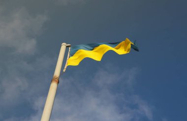 Mavi gökyüzünde dalgalanan Ukrayna bayrağı. Büyük sarı Ukrayna bayrağı, Dnipro şehri, Bağımsızlık Anayasa Günü, Ulusal bayram