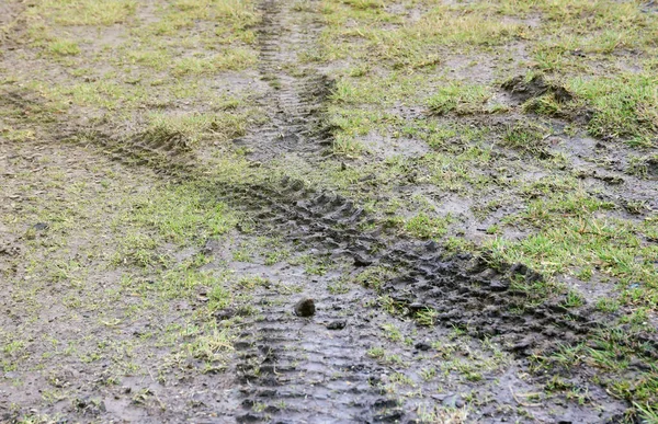 Wheel track on mud. Traces of a tractor or heavy off-road car on brown mud in a wet meadow
