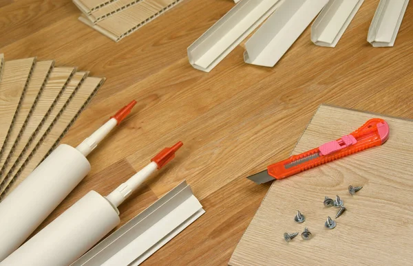 PVC tavan çalışması için malzeme seti. Yapıştırıcı şişeler ve plastik köşeli PVC paneller. Kapalı VPC kaplama kiti. İç yenileme çalışmaları veya inşaat malzemeleri