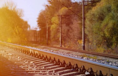 Sonbahar endüstriyel manzara. Yeşil ve sarı sonbahar ağaçları arasında mesafe içine basık demiryolu