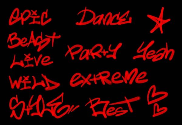 Collection of graffiti street art tags with words and symbols in red color on black background