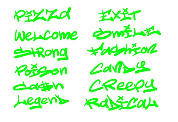 Collection of graffiti street art tags with words and symbols in light green color on white background
