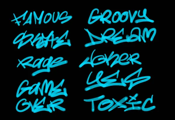 Collection of graffiti street art tags with words and symbols in light blue color on black background