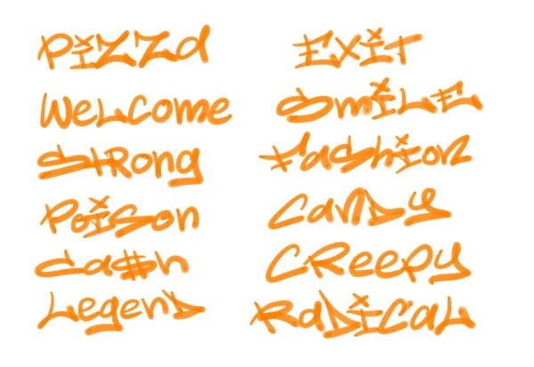 Collection of graffiti street art tags with words and symbols in orange color on white background