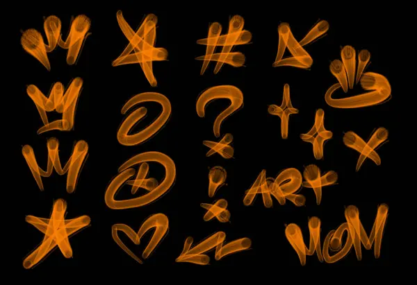 Collection of graffiti street art tags with words and symbols in orange color on black background