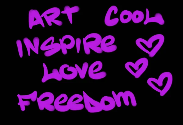 Collection of graffiti street art tags with words and symbols in purple color on black background