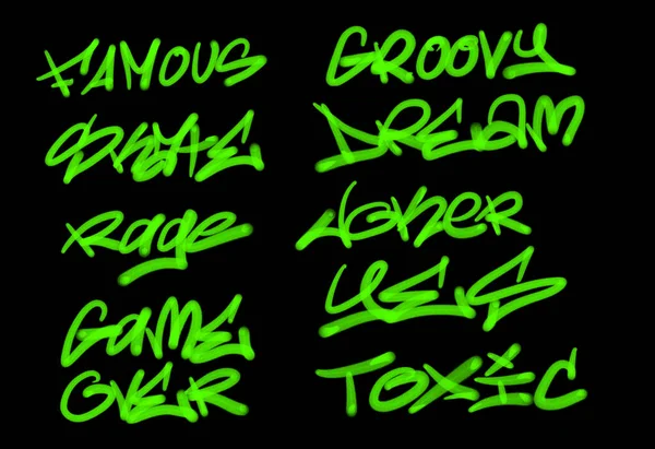 Collection of graffiti street art tags with words and symbols in light green color on black background