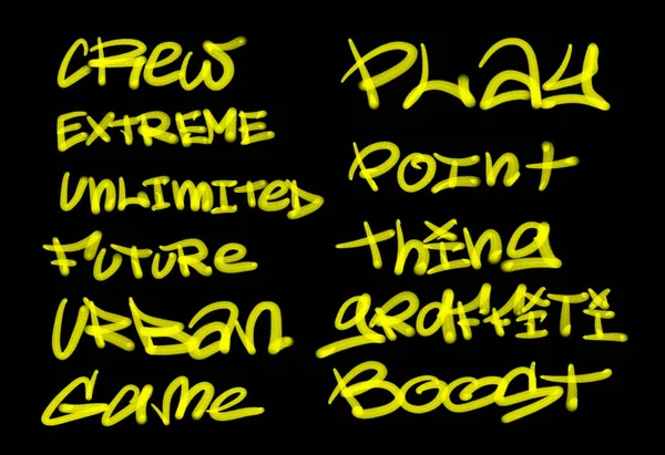 Collection of graffiti street art tags with words and symbols in yellow color on black background