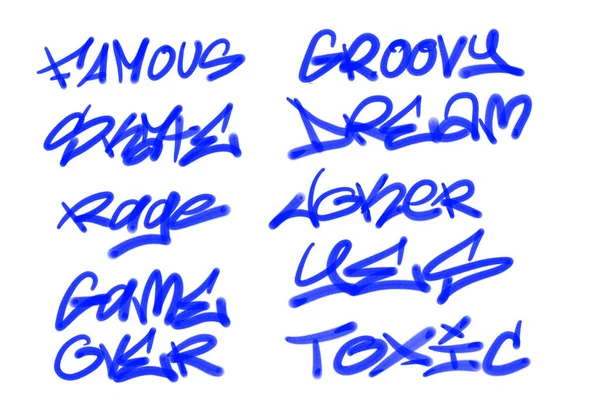 Collection of graffiti street art tags with words and symbols in blue color on white background