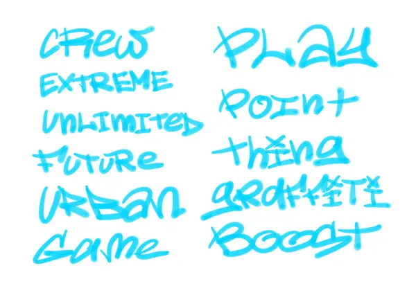 Collection of graffiti street art tags with words and symbols in light blue color on white background