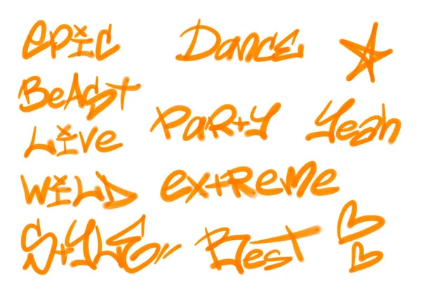 Collection of graffiti street art tags with words and symbols in orange color on white background