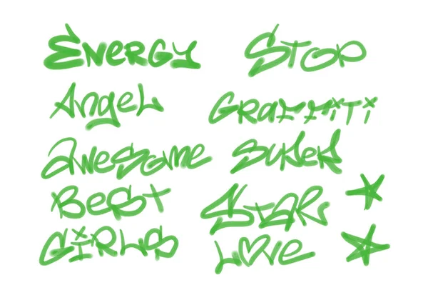 Collection of graffiti street art tags with words and symbols in green color on white background