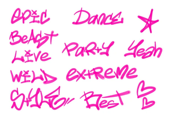 Collection of graffiti street art tags with words and symbols in pink color on white background