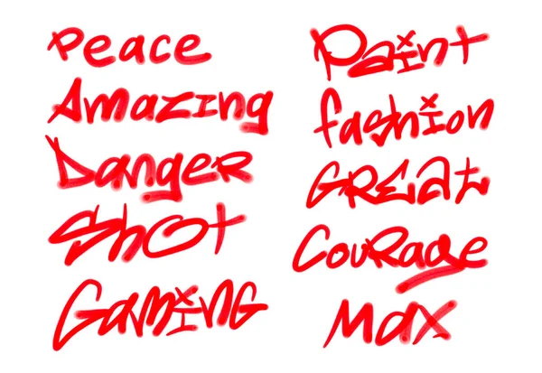 Collection of graffiti street art tags with words and symbols in red color on white background