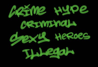 Siyah arkaplanda yeşil renkli kelime ve sembollerle graffiti sokak sanat etiketleri koleksiyonu