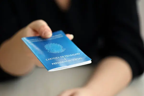 Woman Boss Gives Brazilian Work Card Social Security Blue Book — Stock Photo, Image