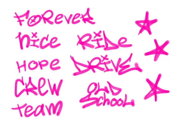 Collection of graffiti street art tags with words and symbols in pink color on white background