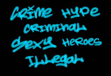 Siyah arkaplanda açık mavi renkli kelime ve sembollerle graffiti sokak sanat etiketleri koleksiyonu