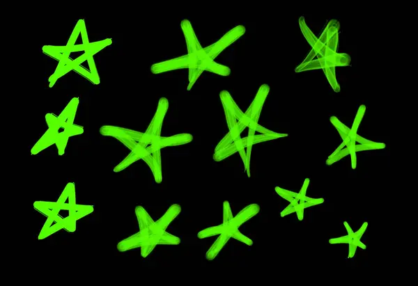 Collection of graffiti street art tags with star symbols in light green color on black background
