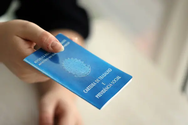 Woman Boss Gives Brazilian Work Card Social Security Blue Book — Stock Photo, Image