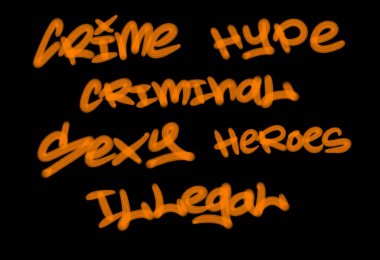 Siyah arkaplanda turuncu renkli kelime ve sembollerle graffiti sokak sanat etiketleri koleksiyonu