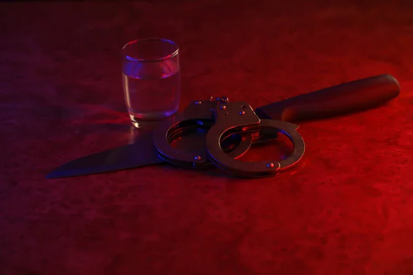 Glass Vodka Alcohol Drink Knife Handcuffs Concept Alcoholism Criminal Arrest — Stock Photo, Image