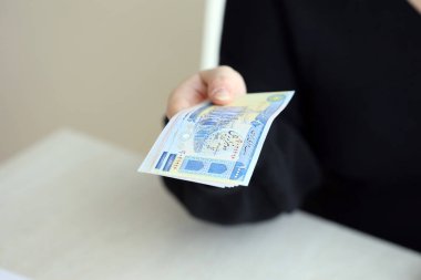 Muhasebeci, İran Riyali 'ndeki vergi iadesi parasını nakit olarak veriyor. İran 'da vergilendirme dönemi ve yıllık vergi mükellefleri rutini