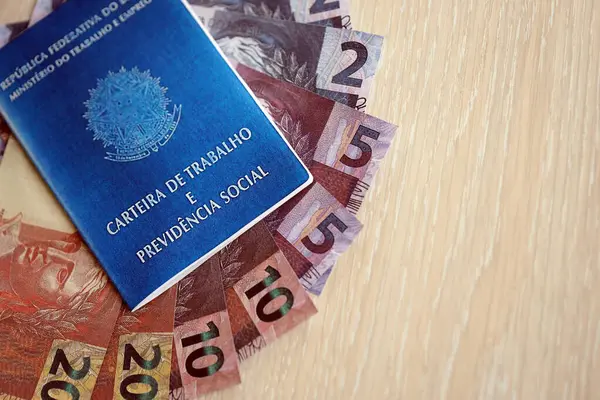 Braziliaanse Werkkaart Sociale Zekerheid Blauw Boek Reais Geld Rekeningen Close — Stockfoto