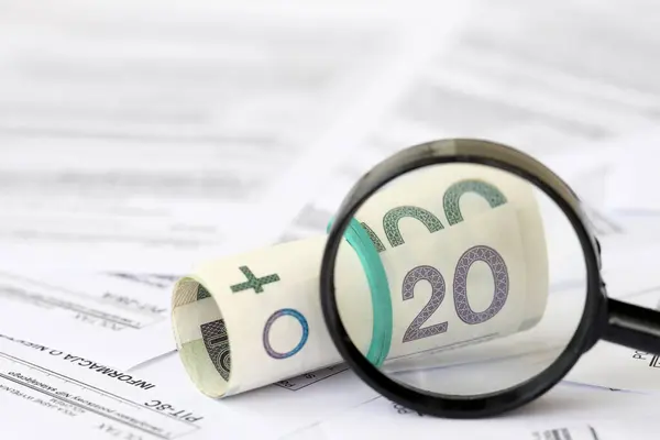 Poolse Zloty Geld Vergrootglas Grote Hoeveelheid Poolse Fiscale Formulieren Close — Stockfoto