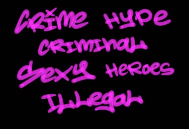 Siyah arkaplanda pembe renkli kelime ve sembollerle graffiti sokak sanat etiketleri koleksiyonu