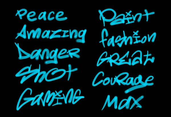 Collection of graffiti street art tags with words and symbols in light blue color on black background