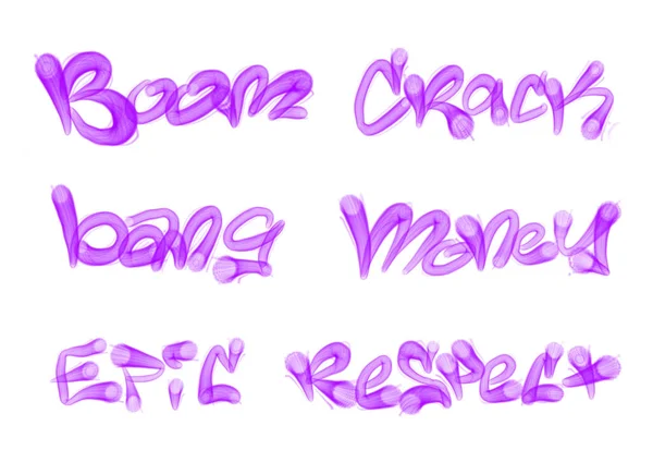 Collection of graffiti street art tags with words and symbols in violet color on white background