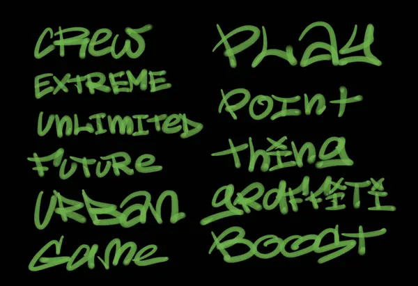 Collection of graffiti street art tags with words and symbols in green color on black background