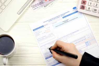 Muhasebeci Fransız vergi formunu doldurdu. 10963 Değer katma vergisi ve vergi döneminin sonunda benzer vergiler. Fransa 'da vergilendirme ve evrak işleri