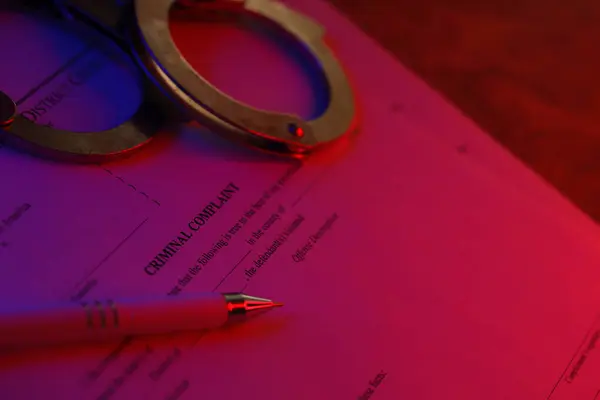 District Court Criminal complaint court papers with handcuffs and blue pen on table close up