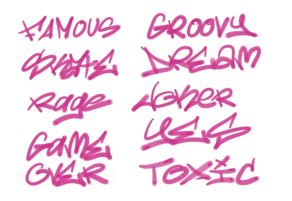 Collection of graffiti street art tags with words and symbols in purple color on white background