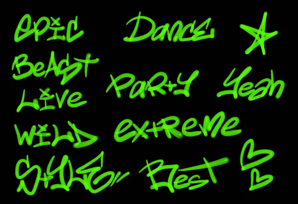 Collection of graffiti street art tags with words and symbols in light green color on black background
