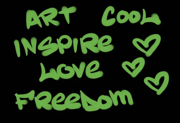 Collection of graffiti street art tags with words and symbols in green color on black background