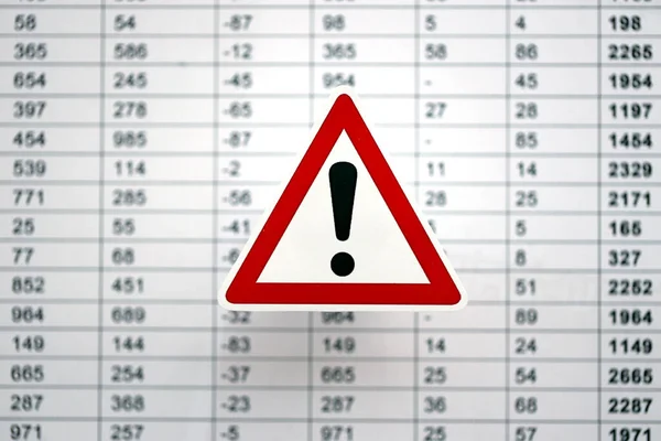 Small exclamation sign lies on business calculations close up. Attention to errors and mistakes in business reports