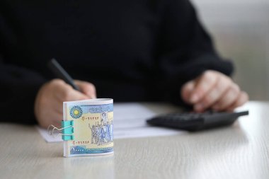 Muhasebeci ofis masasındaki İran vergi formunu doldurmaya başladı. İran 'da vergilendirme dönemi ve yıllık vergi mükellefleri rutini