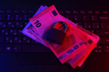 Kapalı asma kilit ve dizüstü bilgisayarda Avro para banknotları. Kapatın. Avrupa 'da güvenli çevrimiçi bankacılık veya çevrimiçi alışveriş kavramı