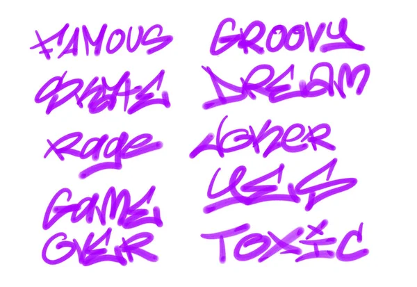 Collection of graffiti street art tags with words and symbols in violet color on white background