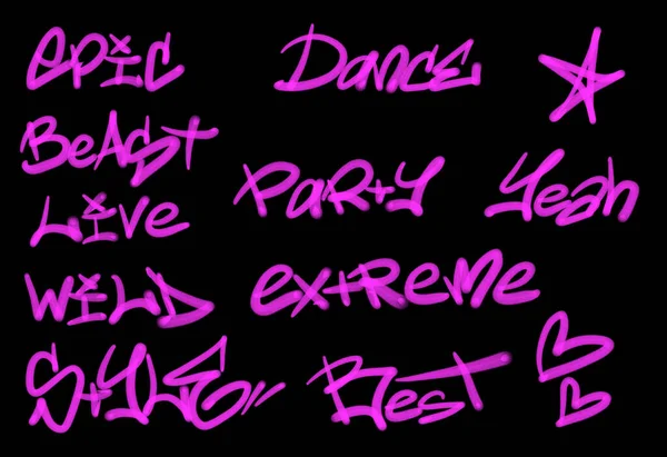 Collection of graffiti street art tags with words and symbols in pink color on black background
