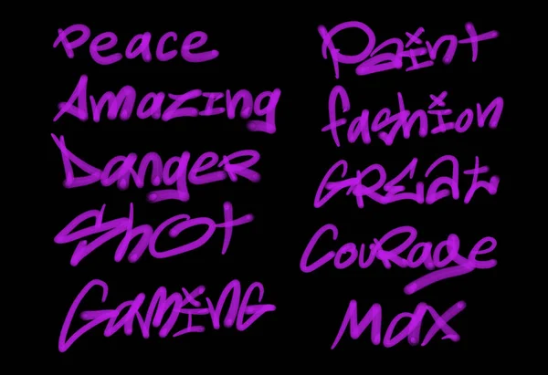 Collection of graffiti street art tags with words and symbols in purple color on black background