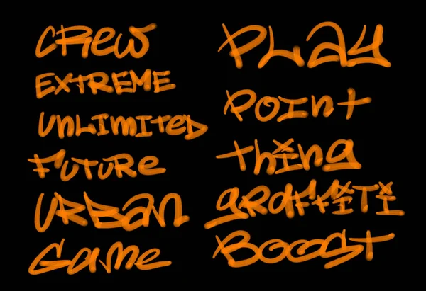 Collection of graffiti street art tags with words and symbols in orange color on black background