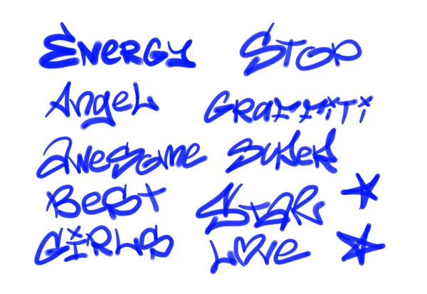 Collection of graffiti street art tags with words and symbols in blue color on white background