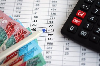 Business calculations with indonesian rupiah money bills and calculator with pen on office table close up. The concept of business and taxpaying in Indonesia clipart