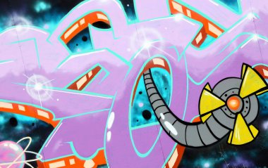 Duvarında parlak aerosol çizgileri olan grafiti resimlerinin renkli arka planı. Eski moda sokak sanatı sprey boya kutularından yapılmış. Çağdaş gençlik kültürü arka planı